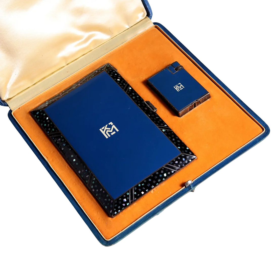 Dunhill Blue Enamel and Mother of Pearl Lacquer Lighter & Case