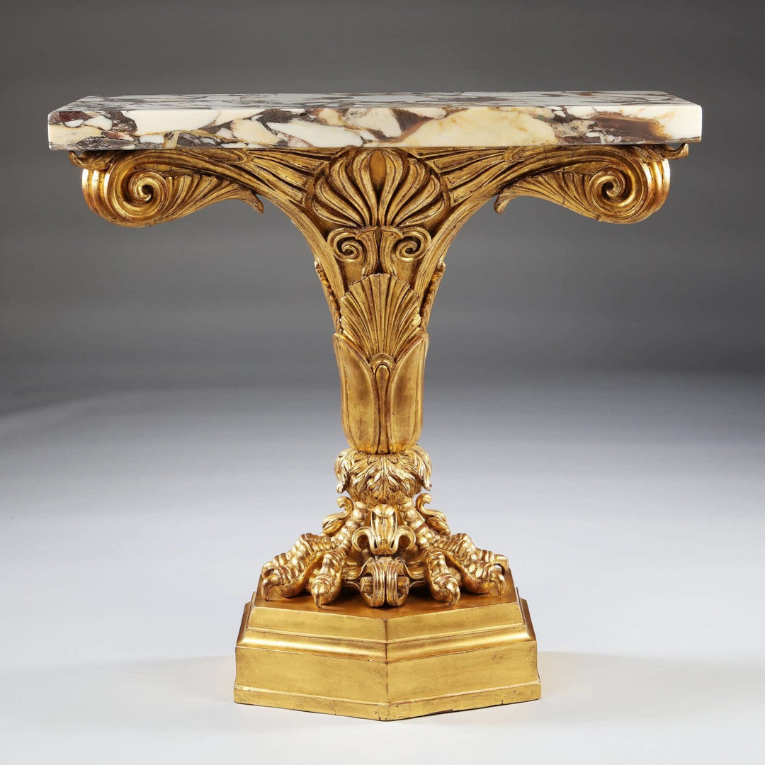 Pair of Antique Neo Classical Giltwood and Marble Monopedia Console Tables with detailed carvings and marble tops