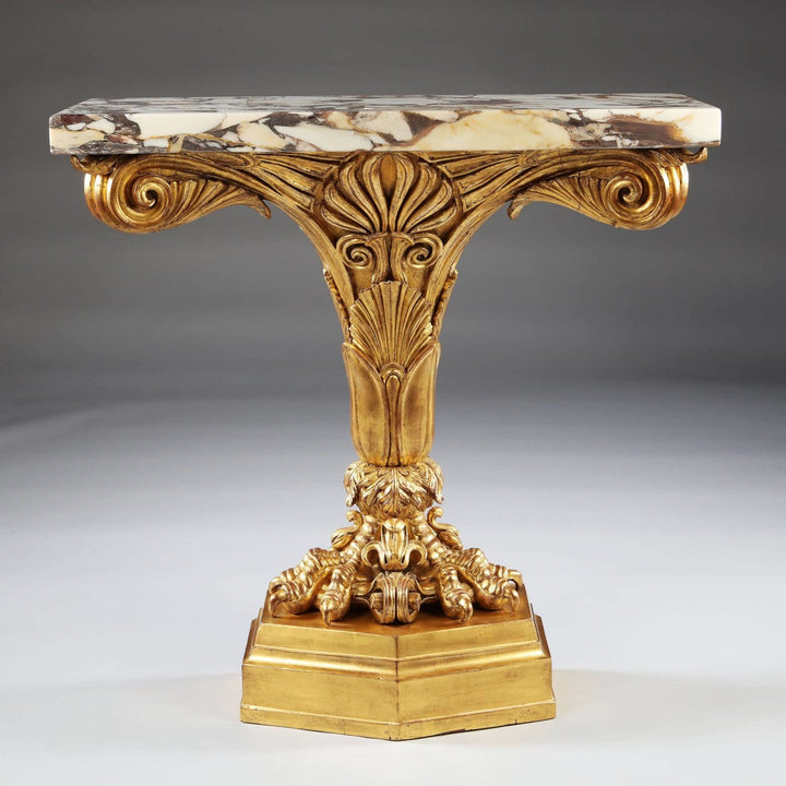 Pair of Antique Neo Classical Giltwood and Marble Monopedia Console Tables with detailed carvings and marble tops