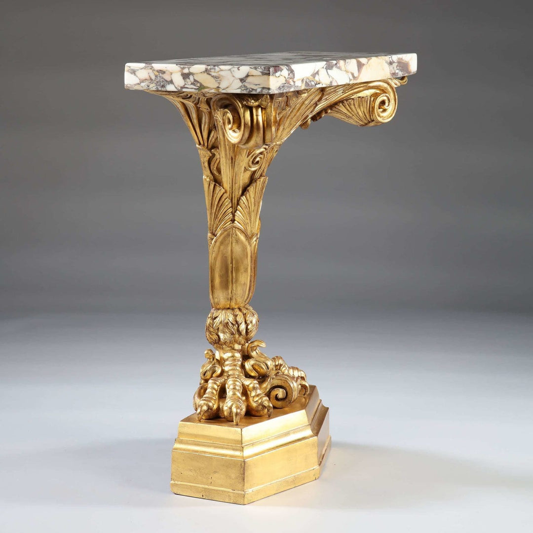 Pair of Antique Neo Classical Giltwood and Marble Monopedia Console Tables with carved giltwood and marble top.