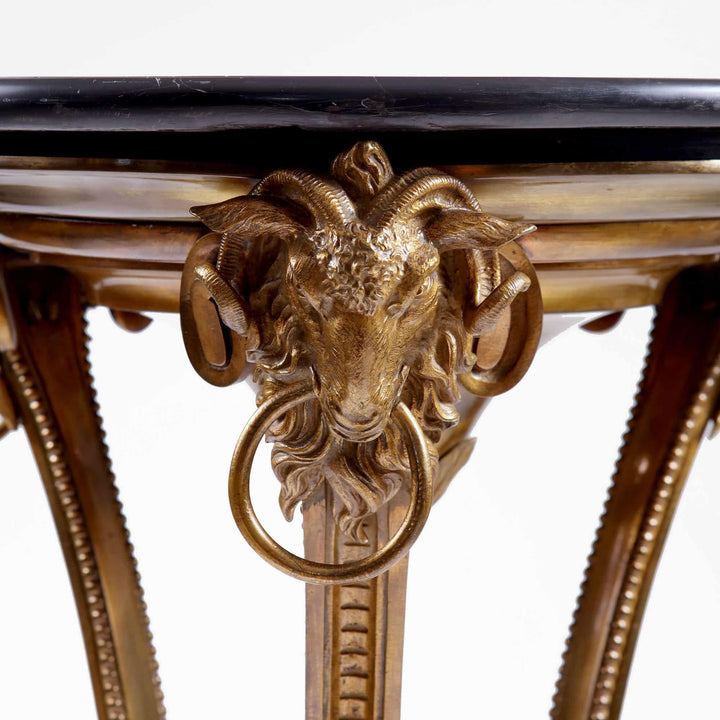 Pietra Dure Specimen Marble and Bronze Table with ornate bronze ram head detail and black marble top, 19th century design.