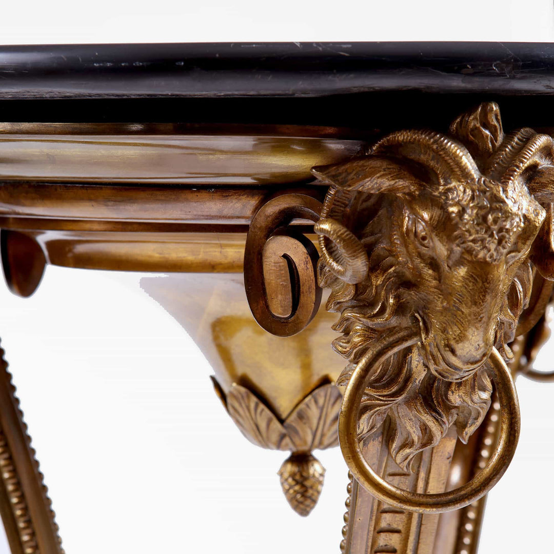 Close-up of bronze ram head detail on leg of Pietra Dure Specimen Marble and Bronze Table circa 1860.