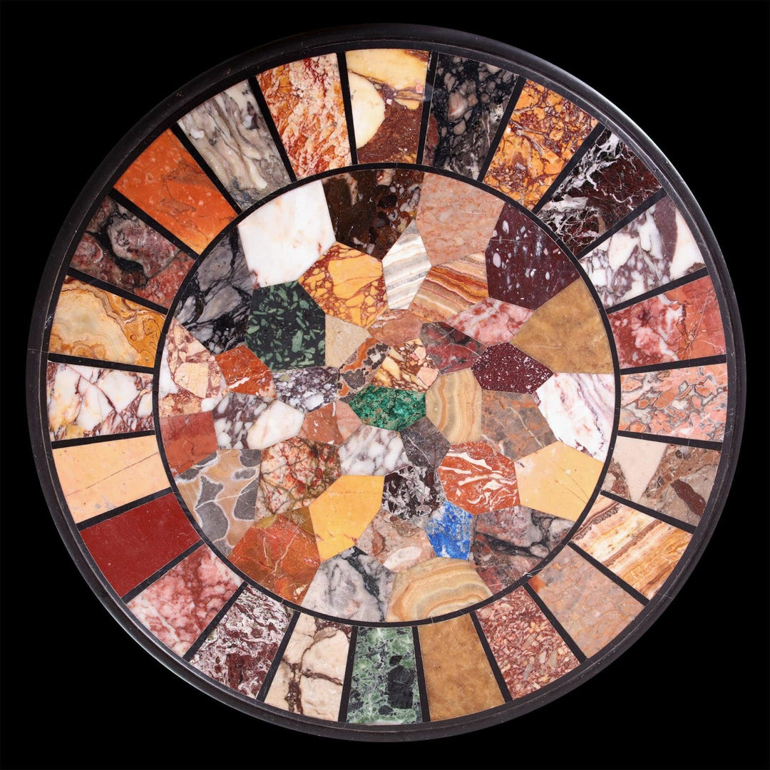 Pietra Dure Specimen Marble and Bronze Table with intricate inlaid rare marbles and precious stones from 19th century.