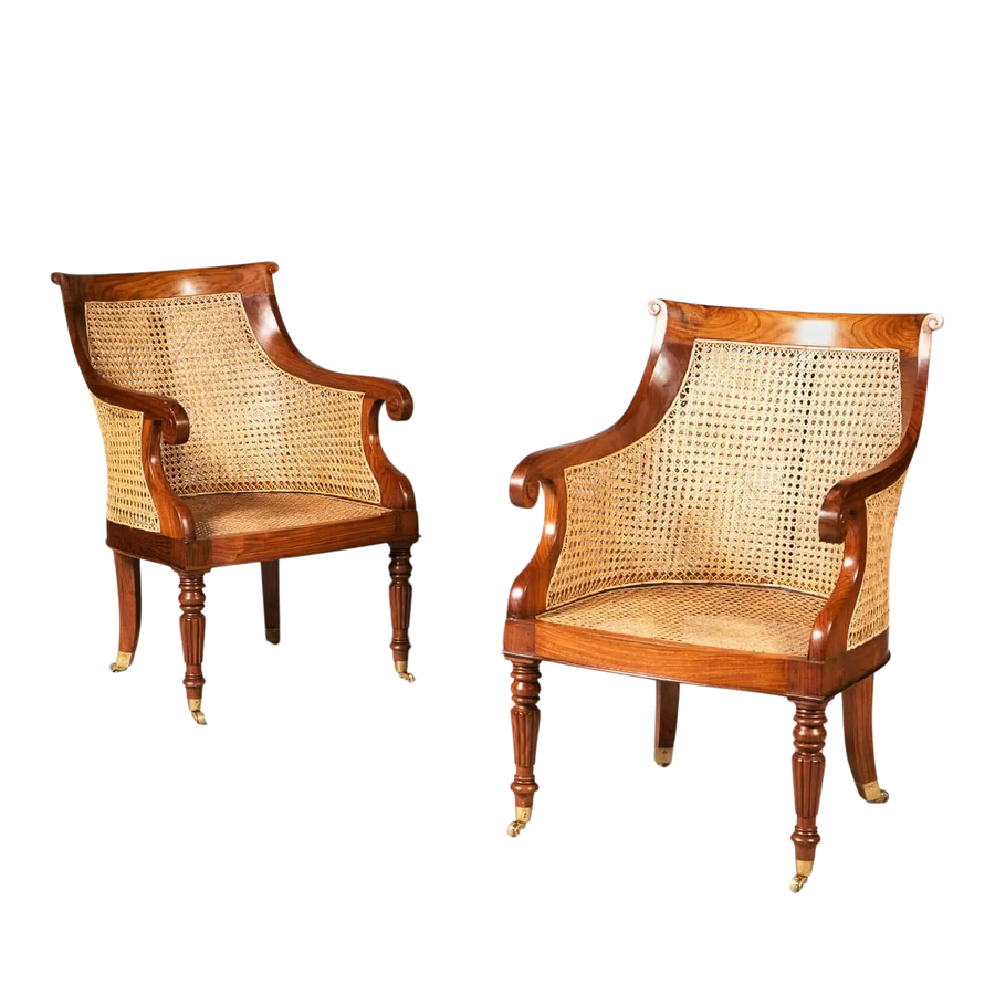 Pair of Regency style caned library chairs with fluted legs and brass castors by Collection EE30, English craftsmanship