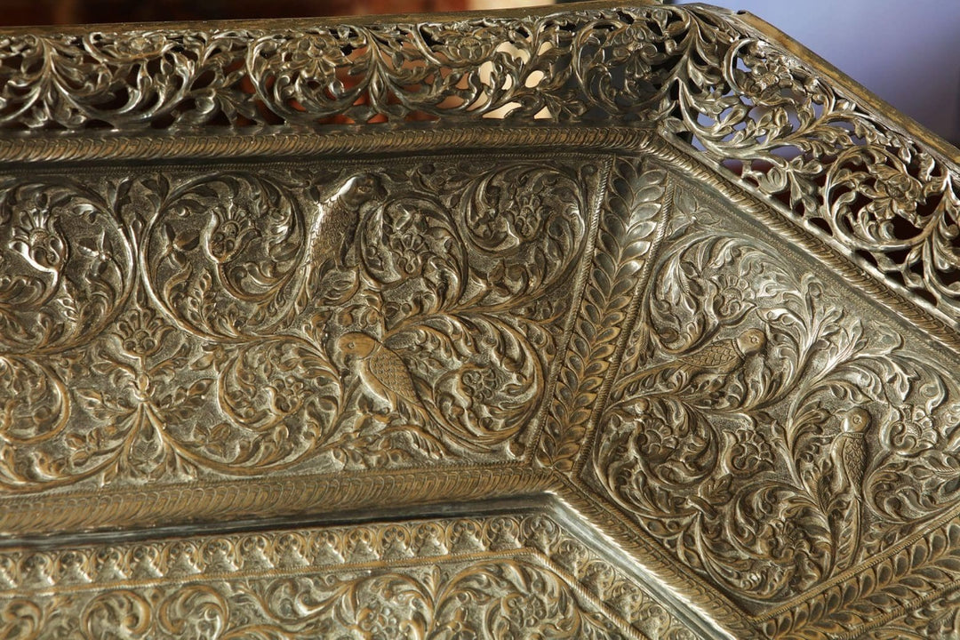 Detailed close-up of large 19th century Indian Rajasthani silver pierced repoussé tray by Collection EE20