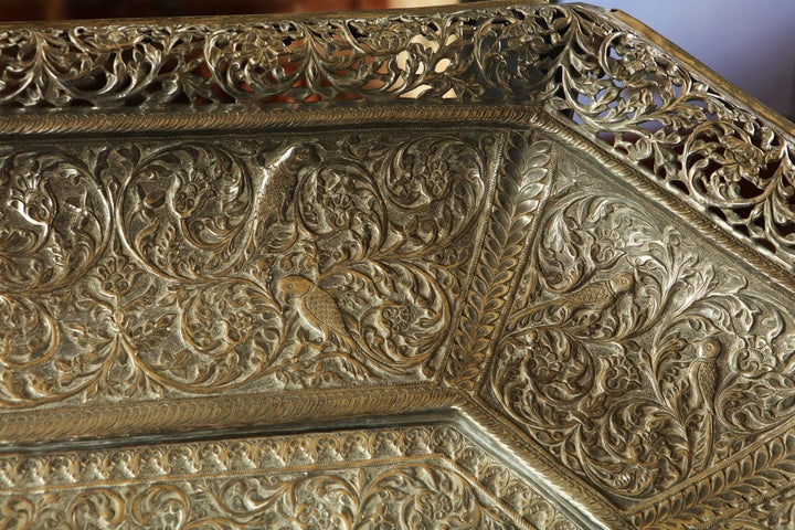 Detailed close-up of large 19th century Indian Rajasthani silver pierced repoussé tray by Collection EE20