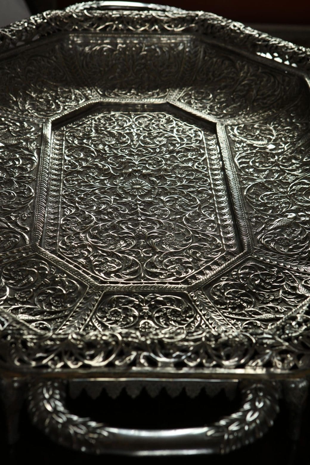 Large 19th century Indian Rajasthani silver pierced and repoussé tray by Collection EE20 with intricate floral patterns