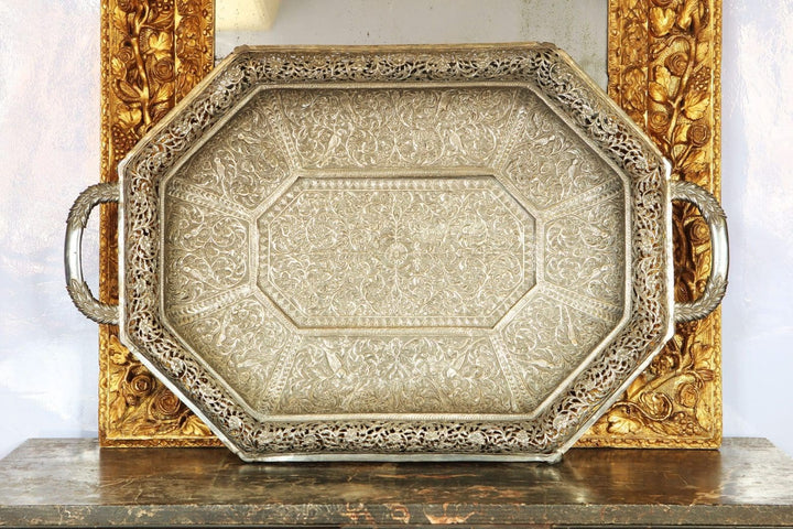 Large 19th century North Indian Rajasthani silver pierced and repousse tray by Collection EE20 on antique wooden table