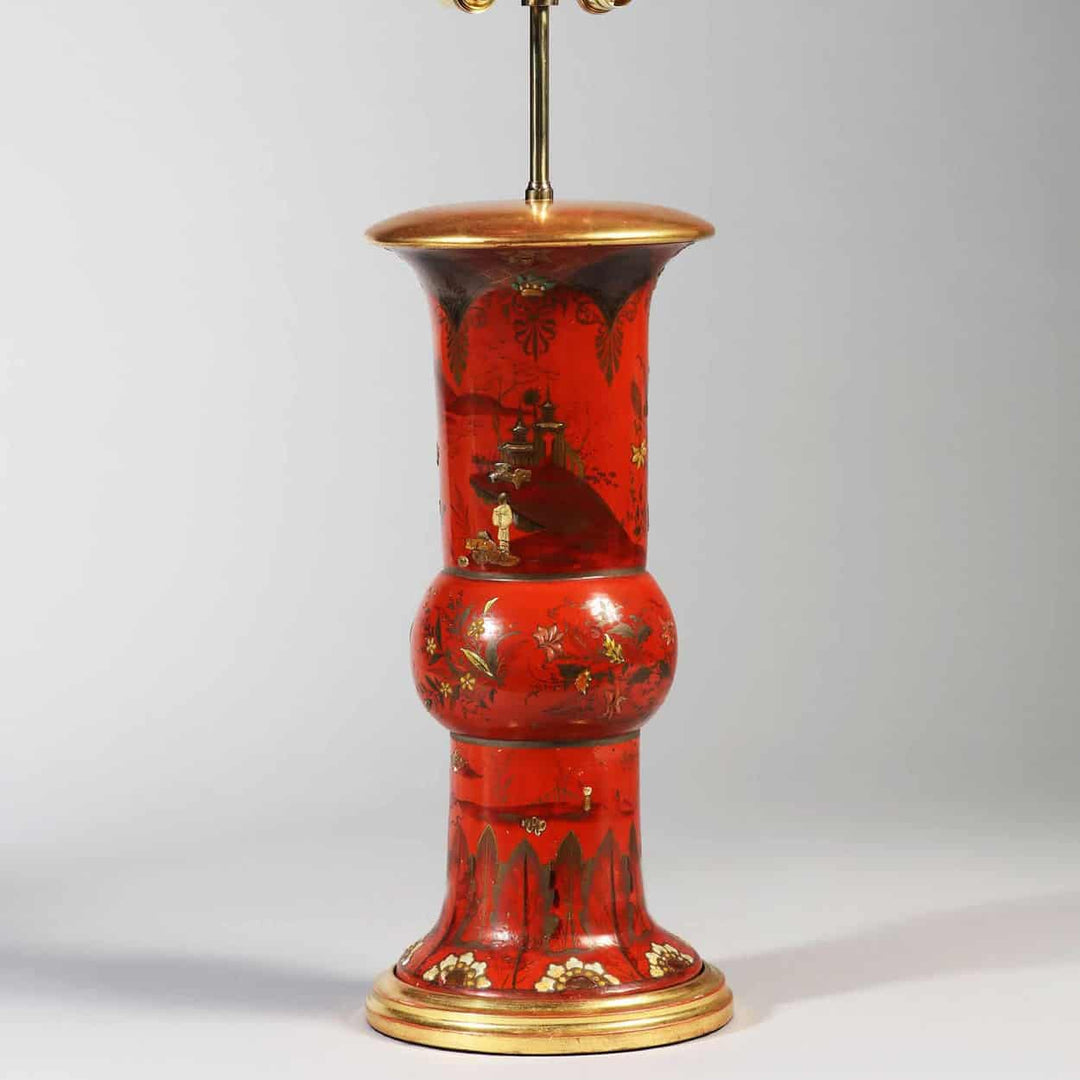 Antique Red Chinoiserie Table Lamp - Japanned Berlin Pottery