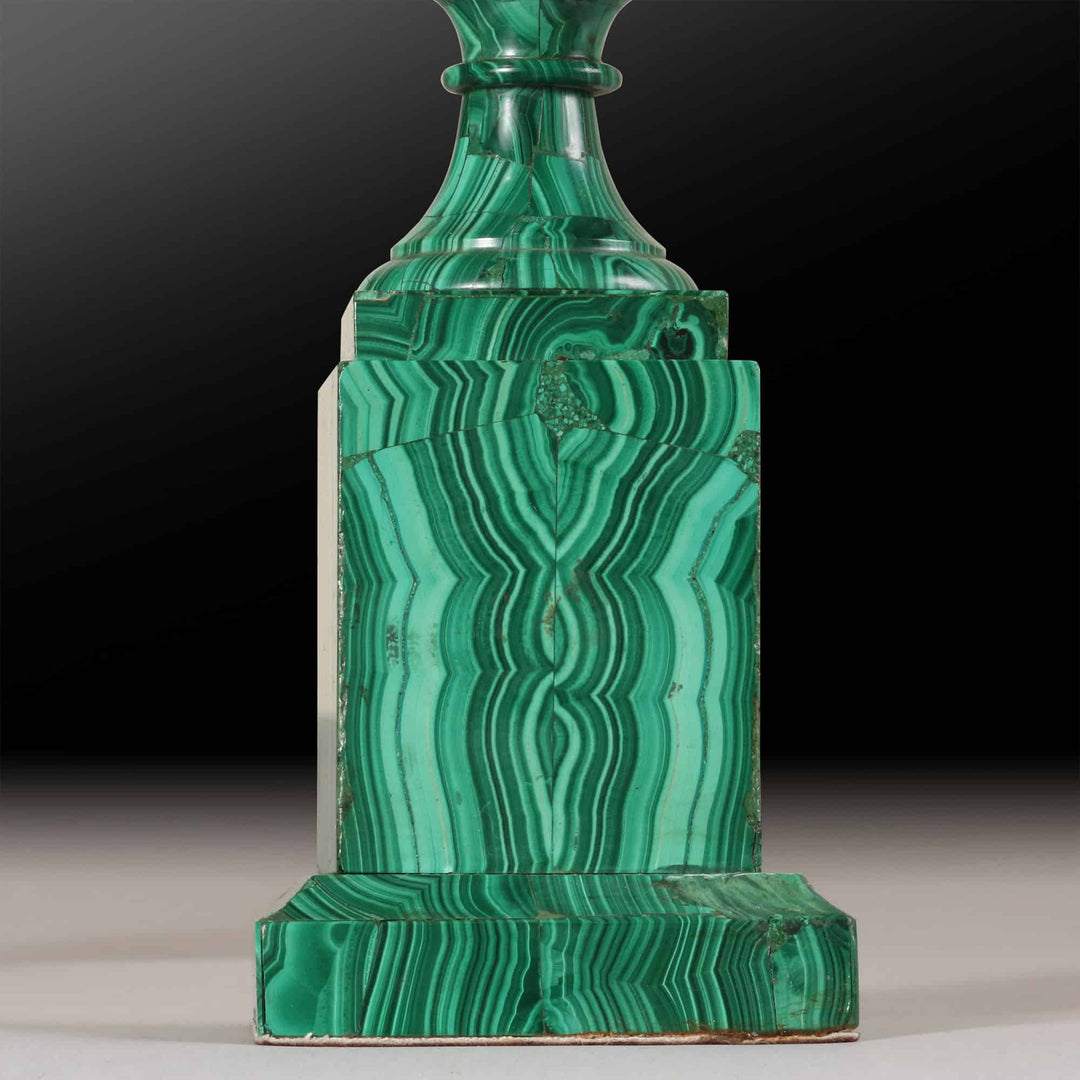 Close-up of green Russian malachite base with natural banded patterns by Collection TH20