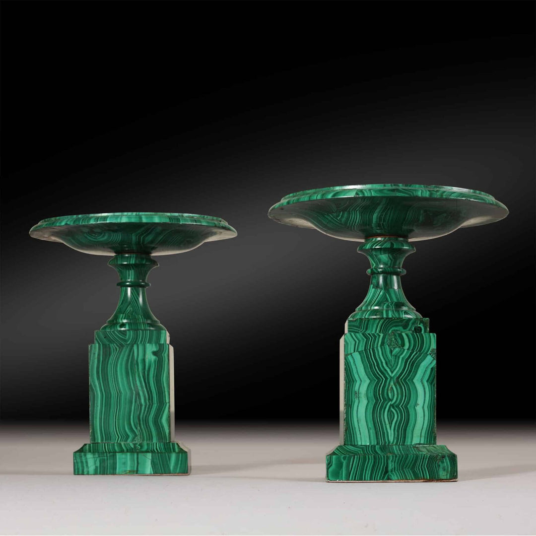 Pair of Russian malachite tazzas with intricate banded patterns displayed on black background Collection TH20