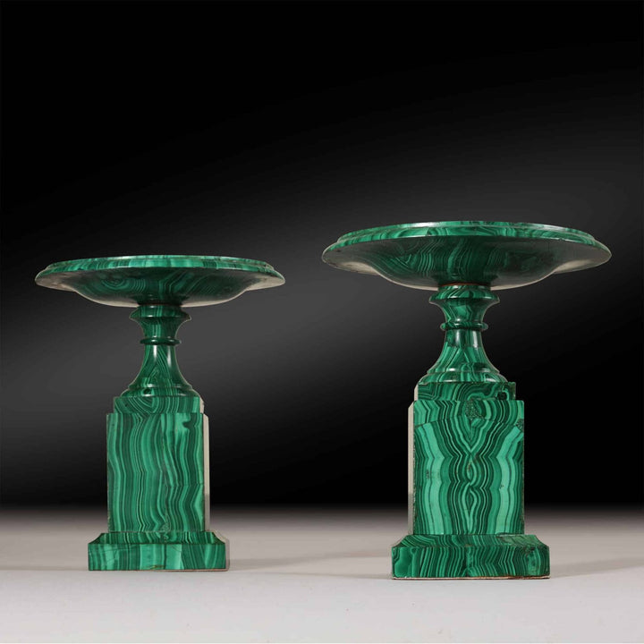 Pair of Russian malachite tazzas with intricate banded patterns displayed on black background Collection TH20
