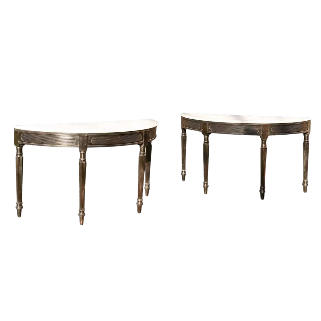 Pair of large French-Indian Demi Lune Ebony Console Tables