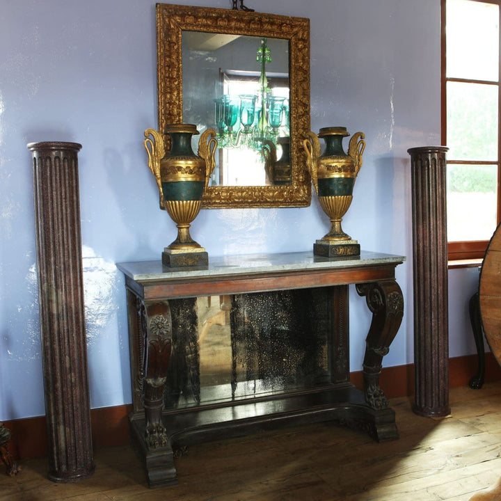 Pair of gilt Empire vases with swan handles on wooden console table, Collection EE20, classic Italian design circa 1820