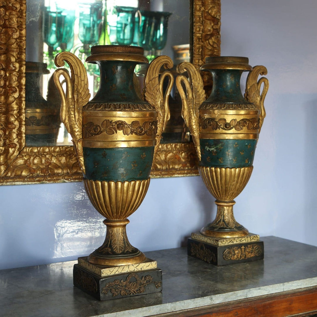 Pair of large gilt Empire vases with swan handles on stepped plinths in original condition by Collection EE20