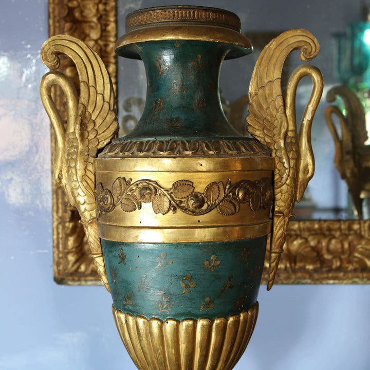 Large gilt Empire vase with green japanning and swan handles by Collection EE20 in classical Italian style