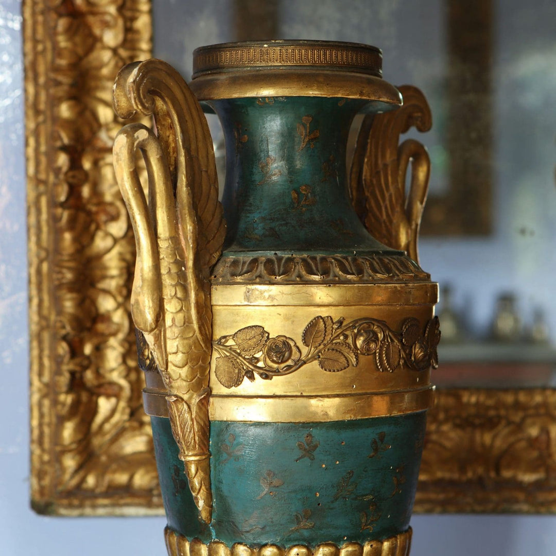 Close-up of an Empire vase with gilt swan handles and green japanning from Collection EE20