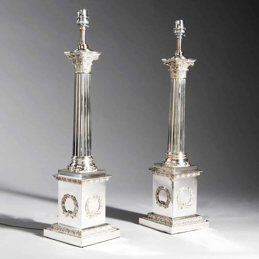Pair of Silver Plate Corinthian Antique Column Lamps