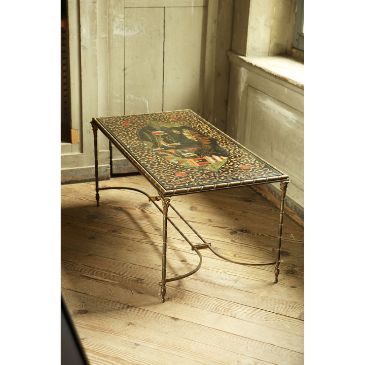 Maison Jansen Black Lacquer and Brass Low Table with bamboo frame and Chinese scene lacquer top, circa 1960.