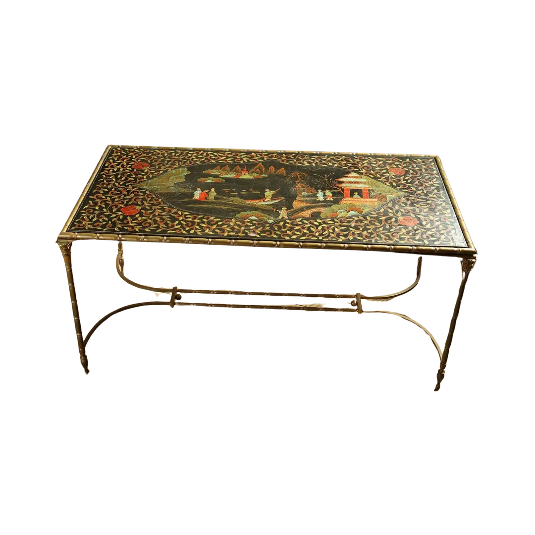 Maison Jansen Black Lacquer and Brass Low Table with bamboo frame and Chinese scene lacquer top, circa 1960.