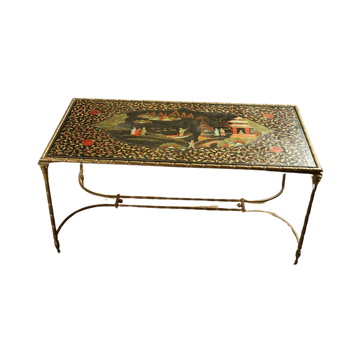 Maison Jansen Black Lacquer and Brass Low Table with bamboo frame and Chinese scene lacquer top, circa 1960.