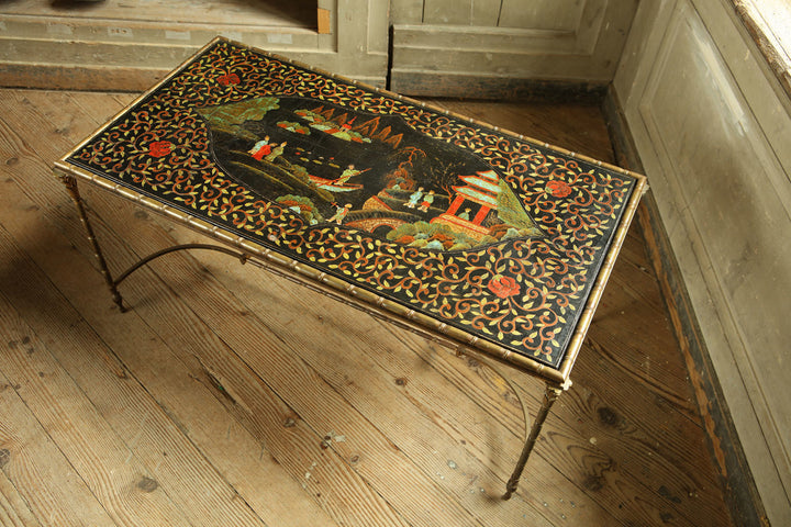 Maison Jansen Black Lacquer and Brass Low Table with brass frame and traditional Chinese lacquered top.