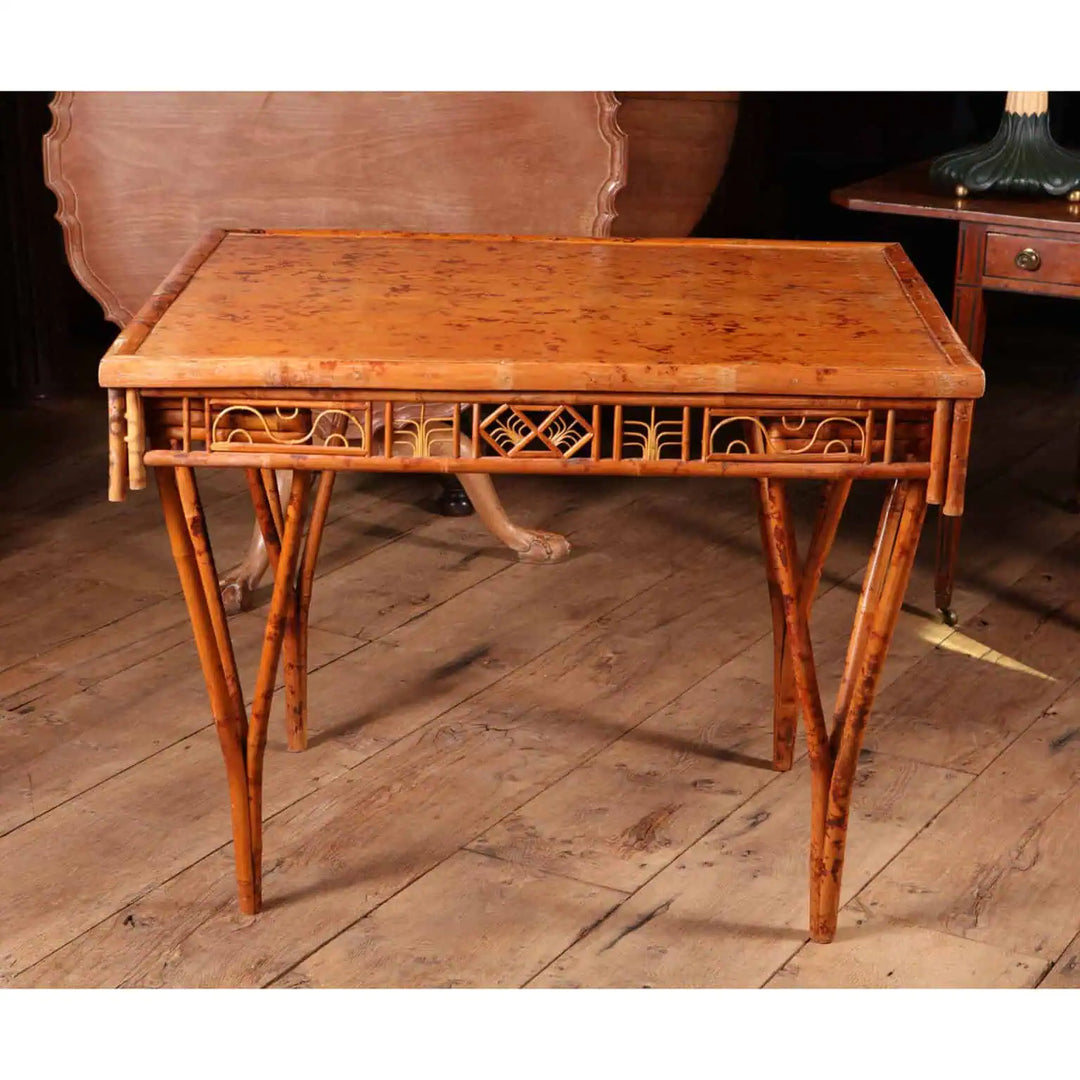 Chinese Bamboo Folding Table with bamboo top and pierced frieze raised on four removable leg hooks circa 1960 China.