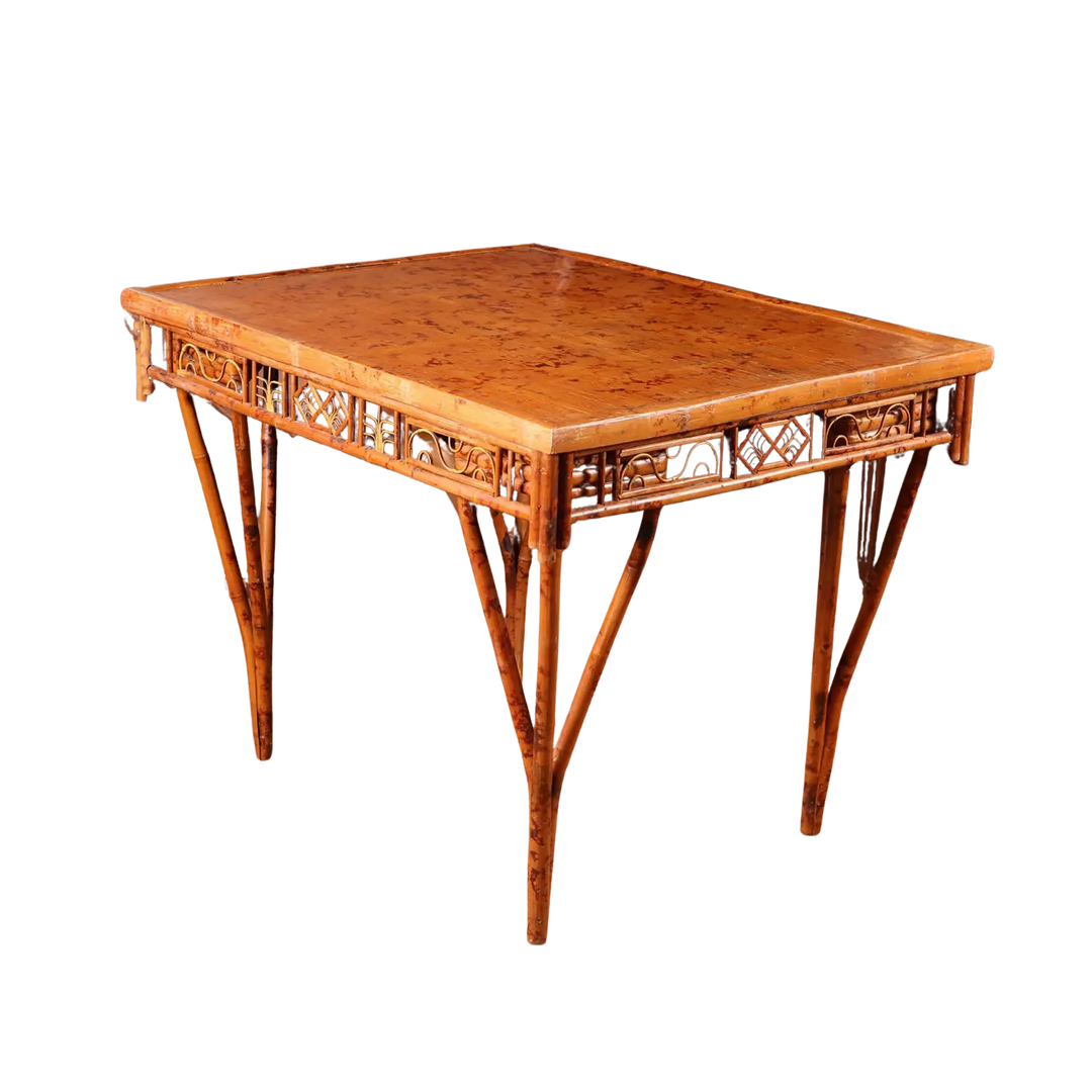 Chinese Bamboo Folding Table with bamboo top, pierced frieze, patterned border, and removable hook legs circa 1960.