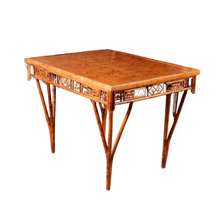 Chinese Bamboo Folding Table with bamboo top, pierced frieze, patterned border, and removable hook legs circa 1960.