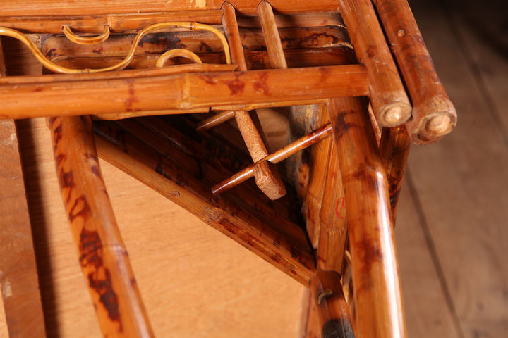 Chinese Bamboo Folding Table showing detailed bamboo leg joints and hooks for easy disassembly and folding mechanism.