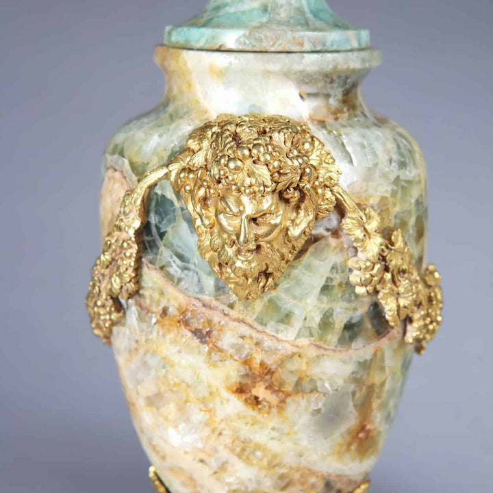 Rare Louis XVI Weardale Fluorspar urn with gilt bronze bacchic mask mount by Nicholas Wells Antiques