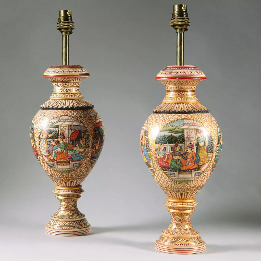 Pair of Kashmiri bone vases with polychrome figures, north Indian art, height 34 cm, intricate detailed design