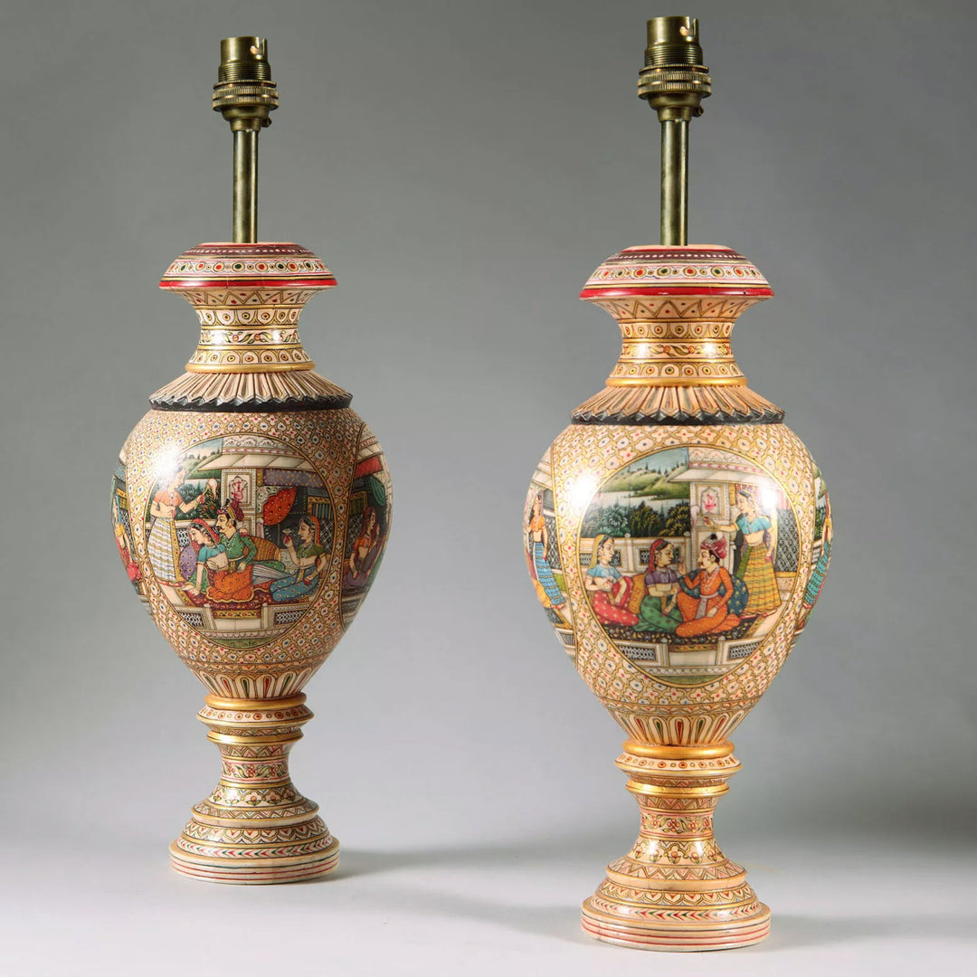 Pair of Kashmiri bone vases with polychrome figures, north Indian art, height 34 cm, intricate detailed design