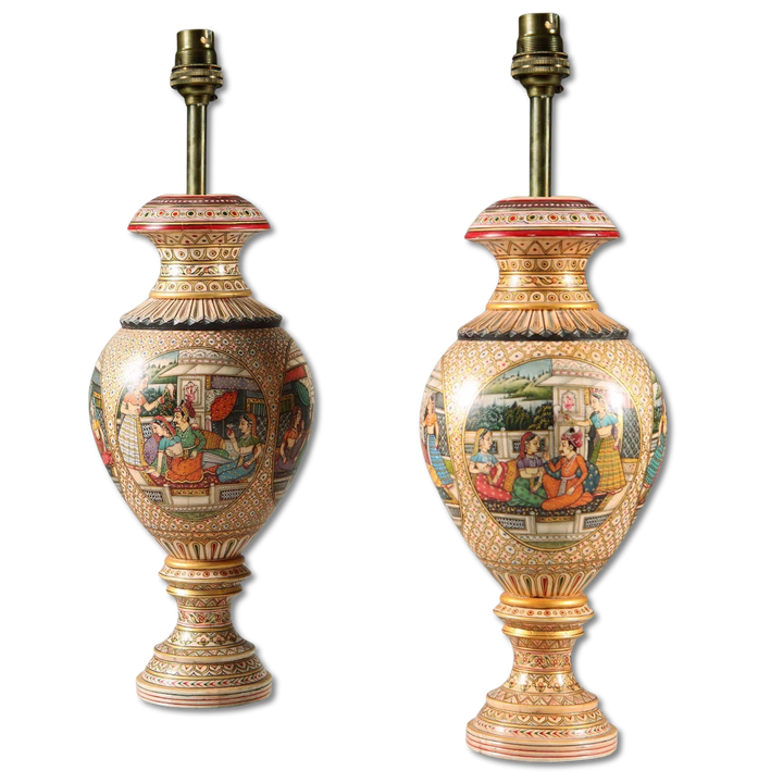 Pair of Kashmiri bone vases with polychrome figures, 34 cm tall, traditional North Indian craftsmanship.