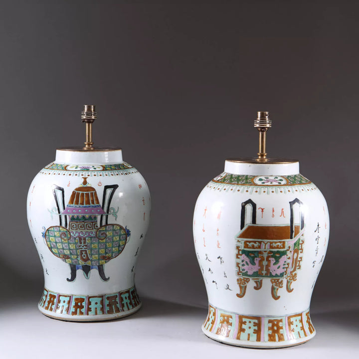 Matched Pair of Chinese Export Ginger Jar Lamps with intricate designs, circa 1865, 36 cm tall, 24 cm diameter each.