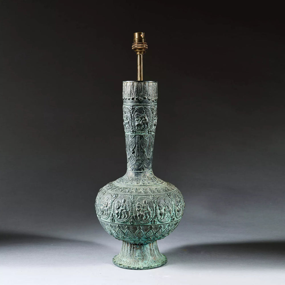 Indian Bronze Vase as a Table Lamp with intricate deity reliefs, 19th century antique from India, 39 cm tall.