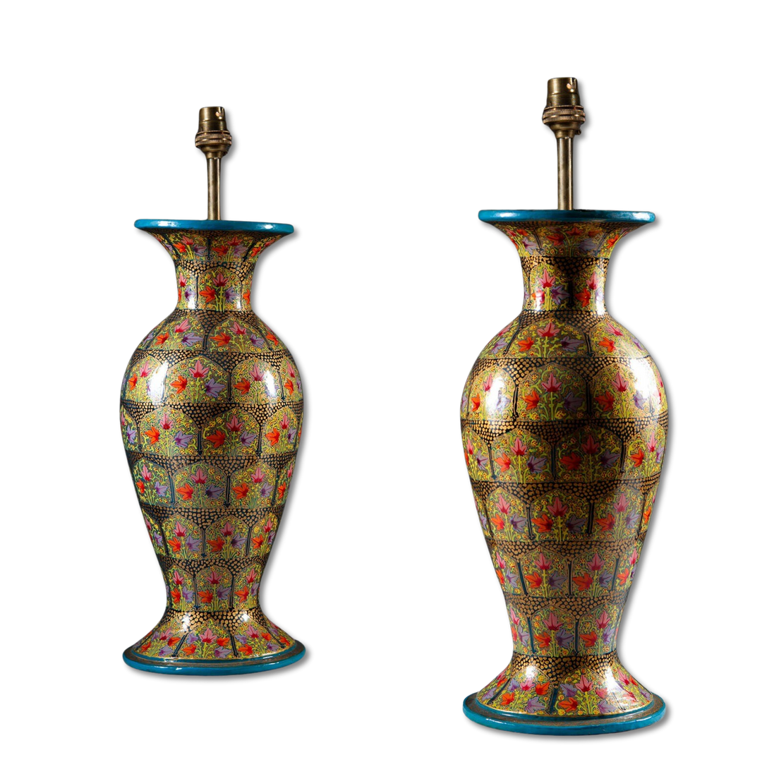 Pair of Kashmiri Papier Mâché Lamps featuring baluster lacquer vases with floral patterns, 46 cm height and 17 cm diameter.