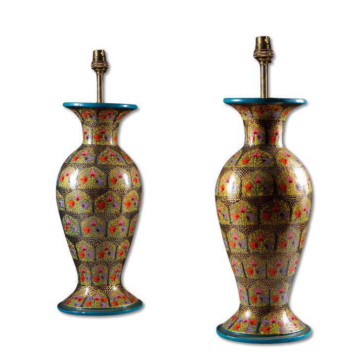 Pair of Kashmiri Papier Mâché Lamps featuring baluster lacquer vases with floral patterns, 46 cm height and 17 cm diameter.
