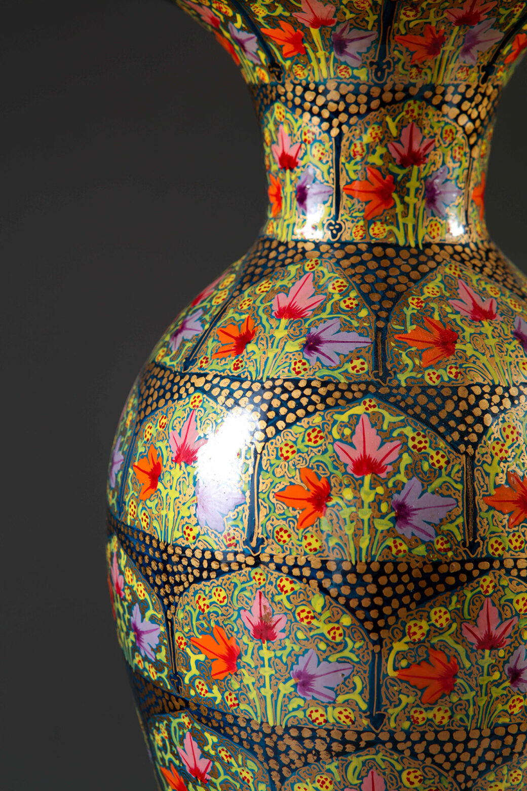 Pair of Kashmiri Papier Mâché Lamps with intricate floral patterns on baluster lacquer vases in vibrant colors.