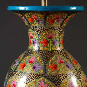 Pair of Kashmiri Papier Mâché Lamps with colorful floral lacquer design, 46 cm tall, baluster shape table lamps.