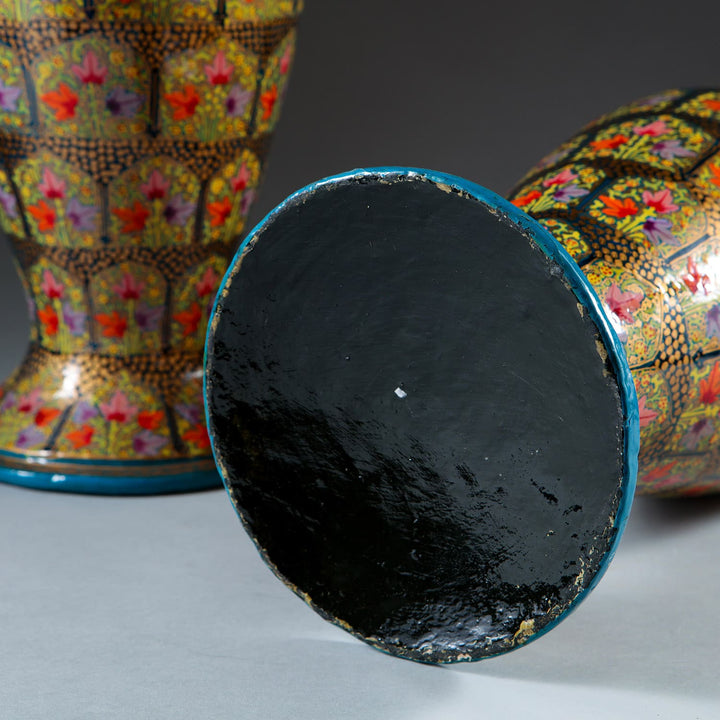 Pair of Kashmiri Papier Mâché Lamps showing the base of decorative baluster lacquer vases with floral patterns.