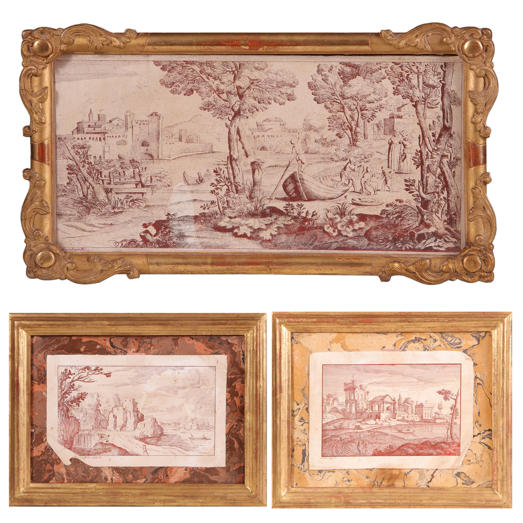 A group of three early 18th century scagliola trompe l'oeil panels