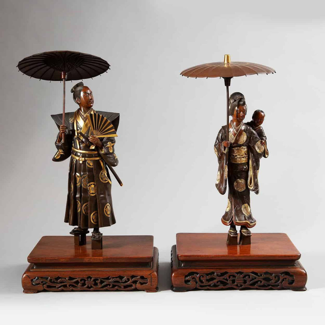 Pair of Japanese Meiji Bronze Okimono Figures