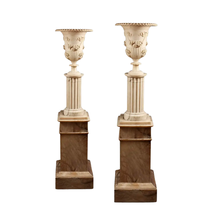 Pair of carved alabaster vases on pedestals floor lamps by Collection CK20 with neoclassical design elements
