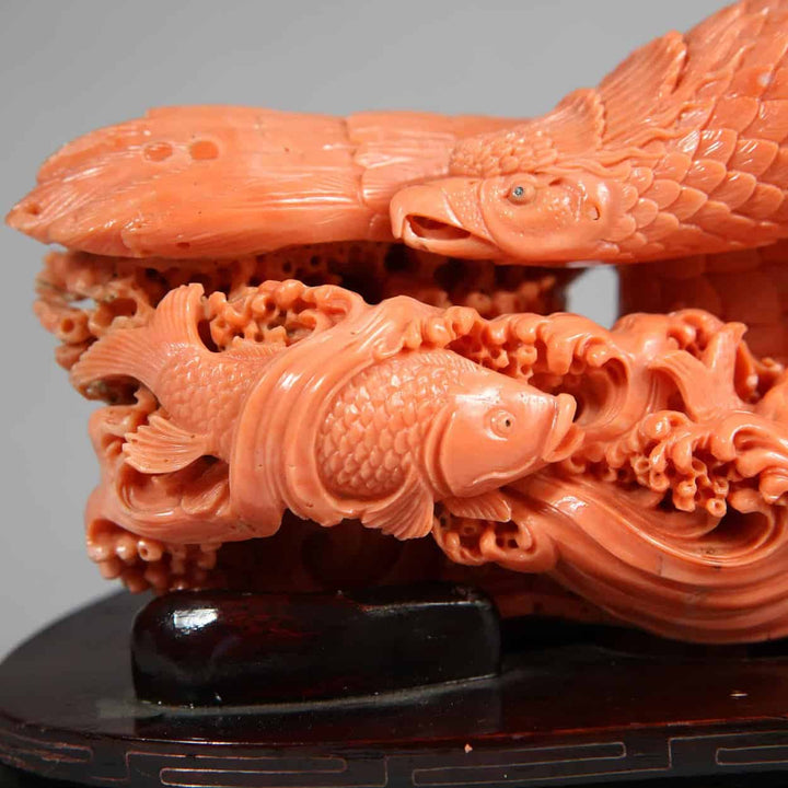 Japanese carved coral sculpture of a sea eagle and fish by Nicholas Wells Antiques circa 1900 detailed artistry