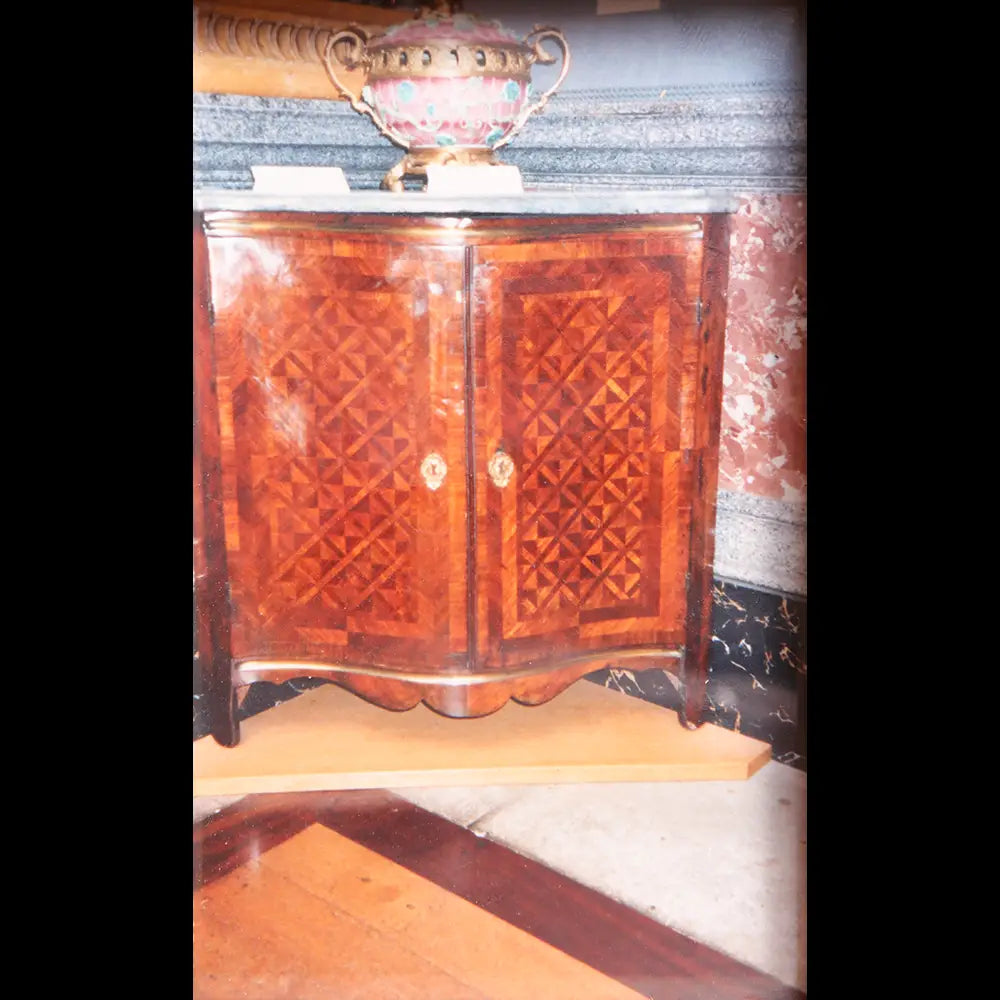 Italian Rococo parquetry encoignure with marble top from Collection NE10, elegant 18th-century corner cabinet design.