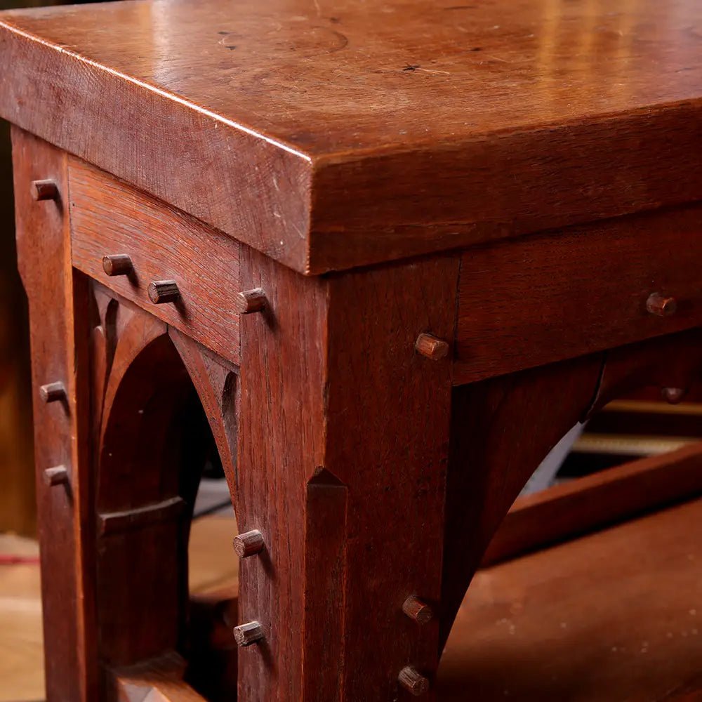 Arts and Crafts Gothic Revival Etagere showing oak wood, dowels, and gothic revival design from England circa 1900.