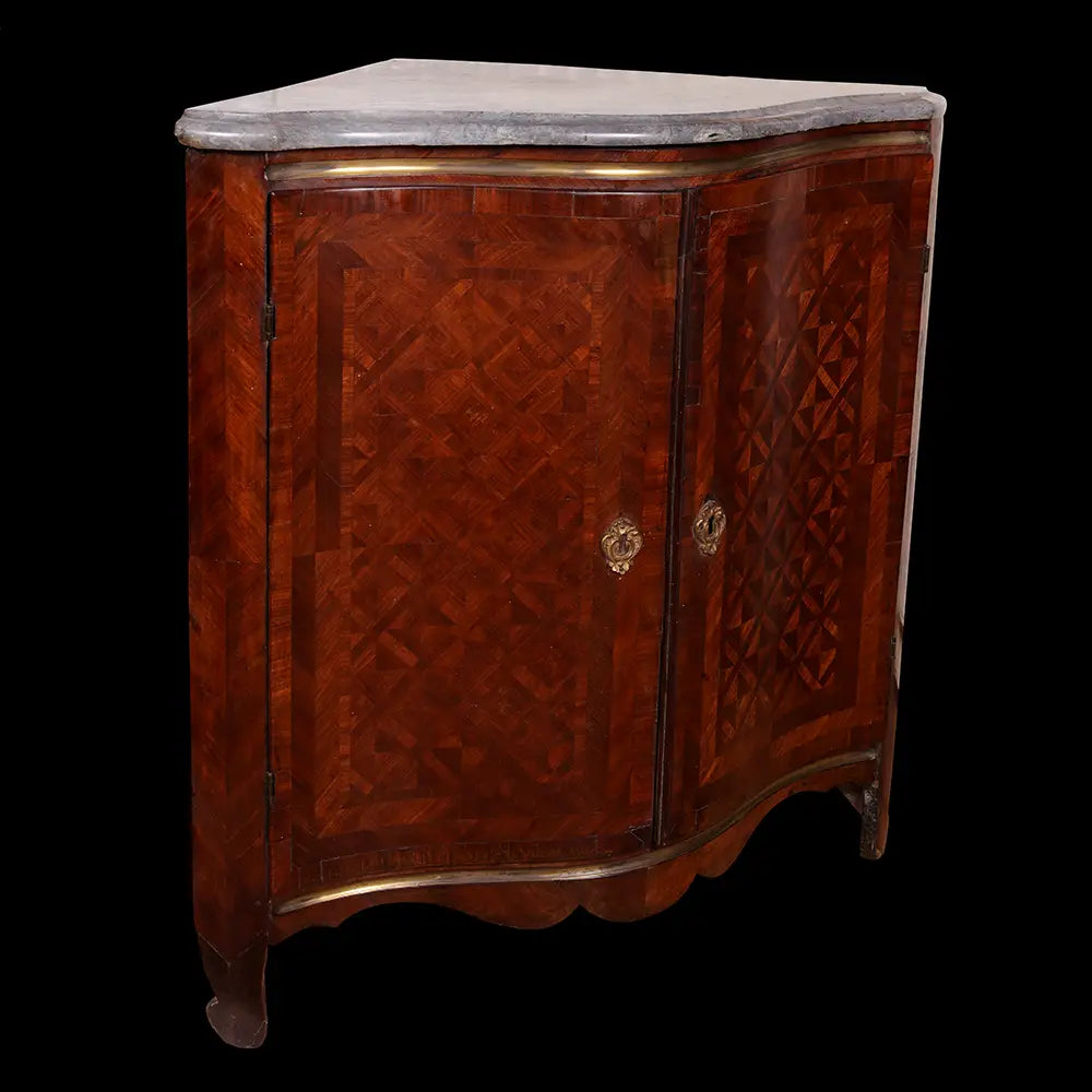 Mid-18th century Italian Rococo parquetry encoignure with original marble top from Collection NE10