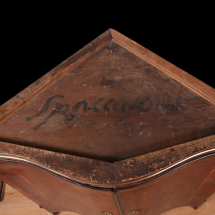 Underside view of Italian Rococo parquetry encoignure with wood grain and handwritten mark Collection NE10
