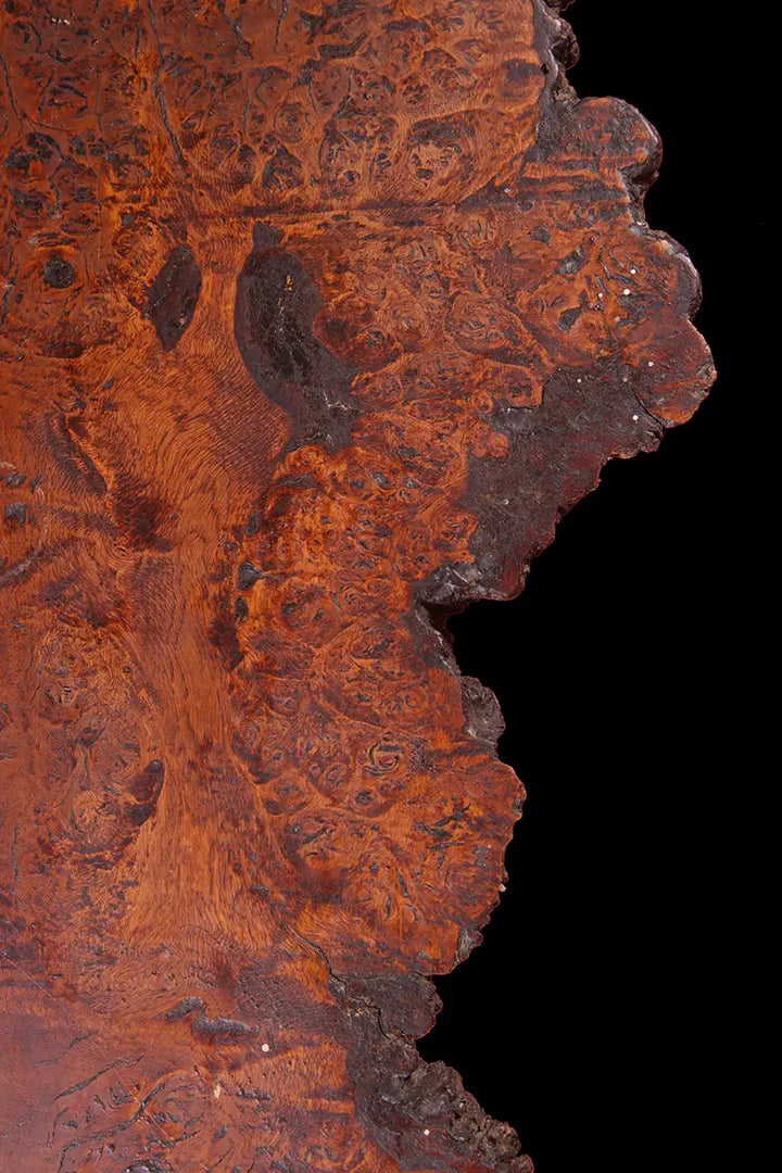 Coffee Table Handcrafted From Solid Burr Walnut With Live Edge showing intricate burr walnut grain and natural live edge details.